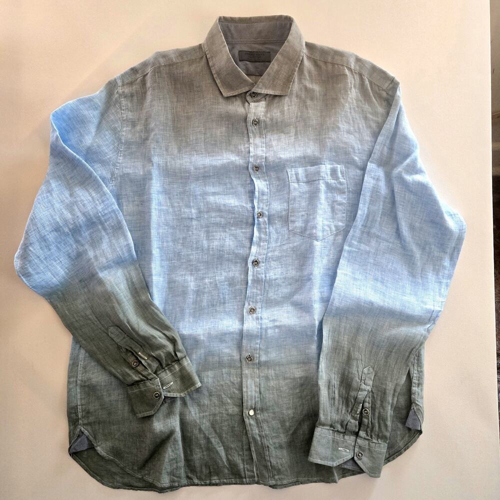 Jerry Kaye Men's Dip Dyed Ombre Long Sleeve Linen Shirt Aqua Size XXL Italy